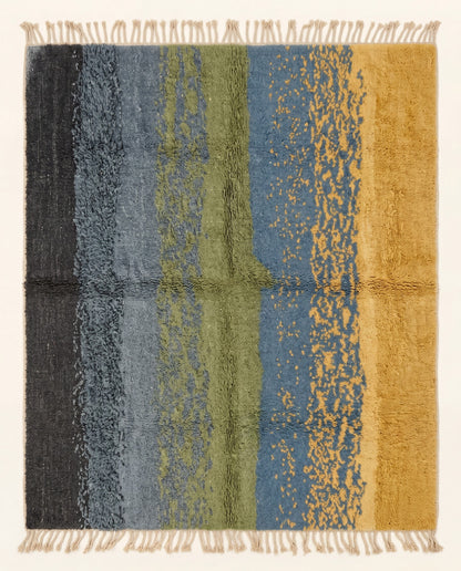 Contemporary Moroccan wool rug with organic abstract vertical bands of slate blue, olive, mustard, and charcoal by NURA.