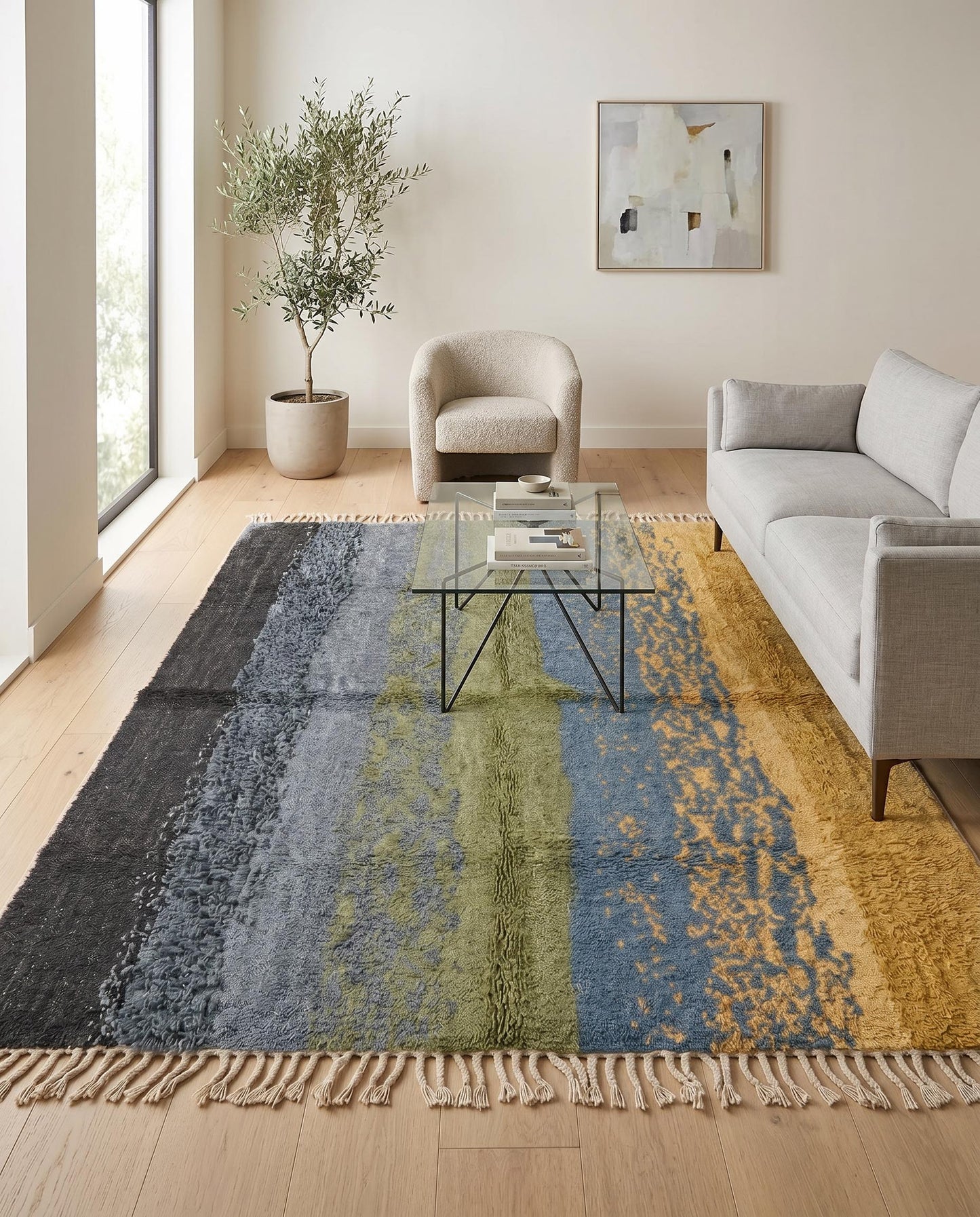 A plush contemporary Moroccan wool rug with slate blue and olive abstract bands styled in a bright modern living room by NURA.