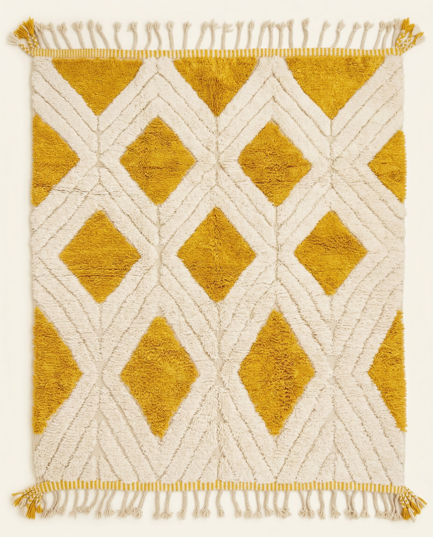 Plush ivory Beni Ourain Moroccan rug with a bold mustard yellow diamond lattice and high pile, by NURA.