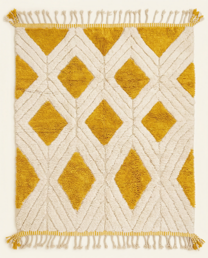 Plush ivory Beni Ourain Moroccan rug with a bold mustard yellow diamond lattice and high pile, by NURA.
