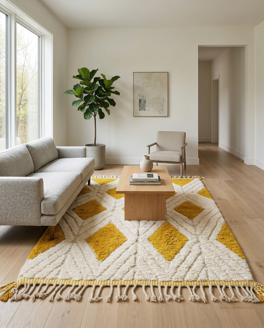 Bold mustard and ivory diamond lattice Moroccan rug in a bright modern room with a potted plant, by NURA.