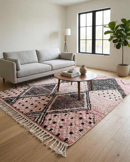 Bold pink and black diamond Azilal Moroccan rug in a bright contemporary space with a potted plant, by NURA.