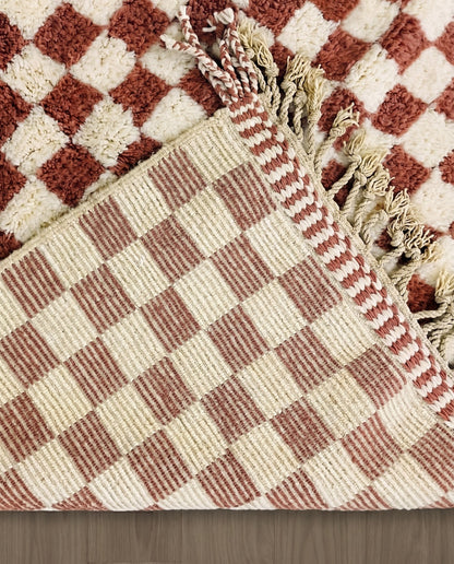 ZAHIA Beni Ourain terracotta checker grid Moroccan rug back view showing traditional handwoven construction, by NURA