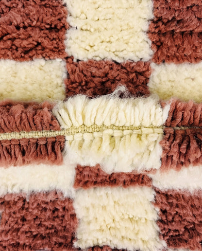ZAHIA Beni Ourain terracotta checker grid Moroccan rug close-up showing hand-knotted wool texture and pile detail 3, by NURA