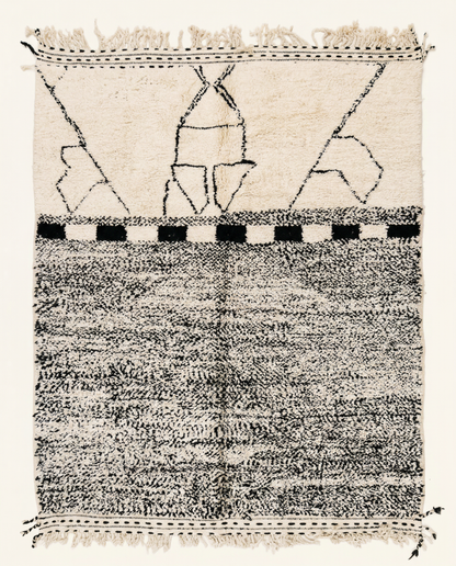 Plush ivory Beni Ourain Moroccan rug with a bold black panelled checkerboard design and high pile, by NURA.