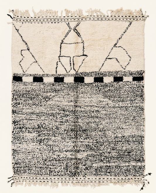 Plush ivory Beni Ourain Moroccan rug with a bold black panelled checkerboard design and high pile, by NURA.