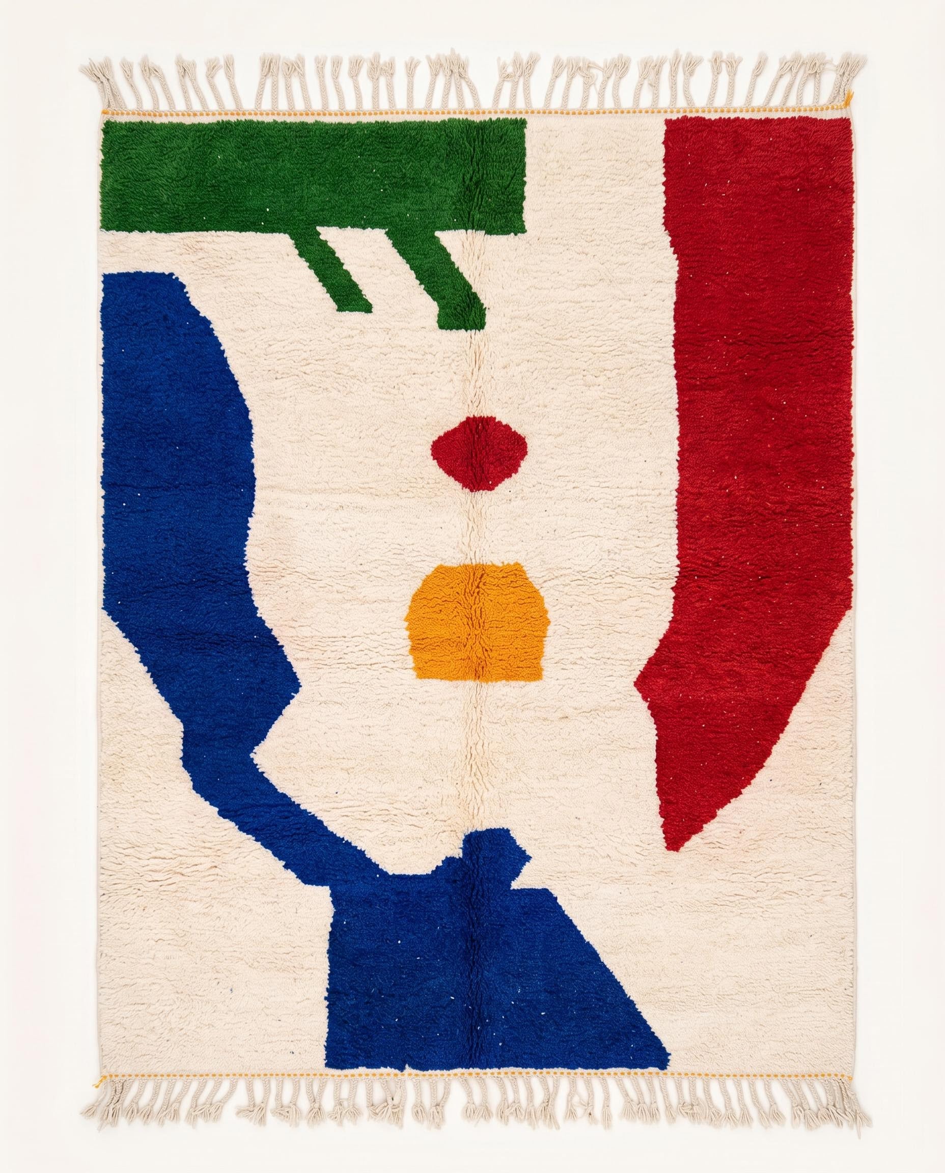 Vibrant abstract Moroccan rug by NURA featuring bold cobalt blue, red, and green organic shapes on a plush cream wool pile.