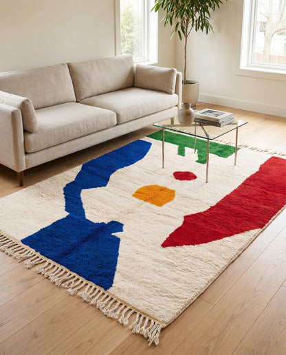 Vibrant abstract Moroccan rug by NURA with bold blue and red shapes, styled in a modern living room with a leather chair.