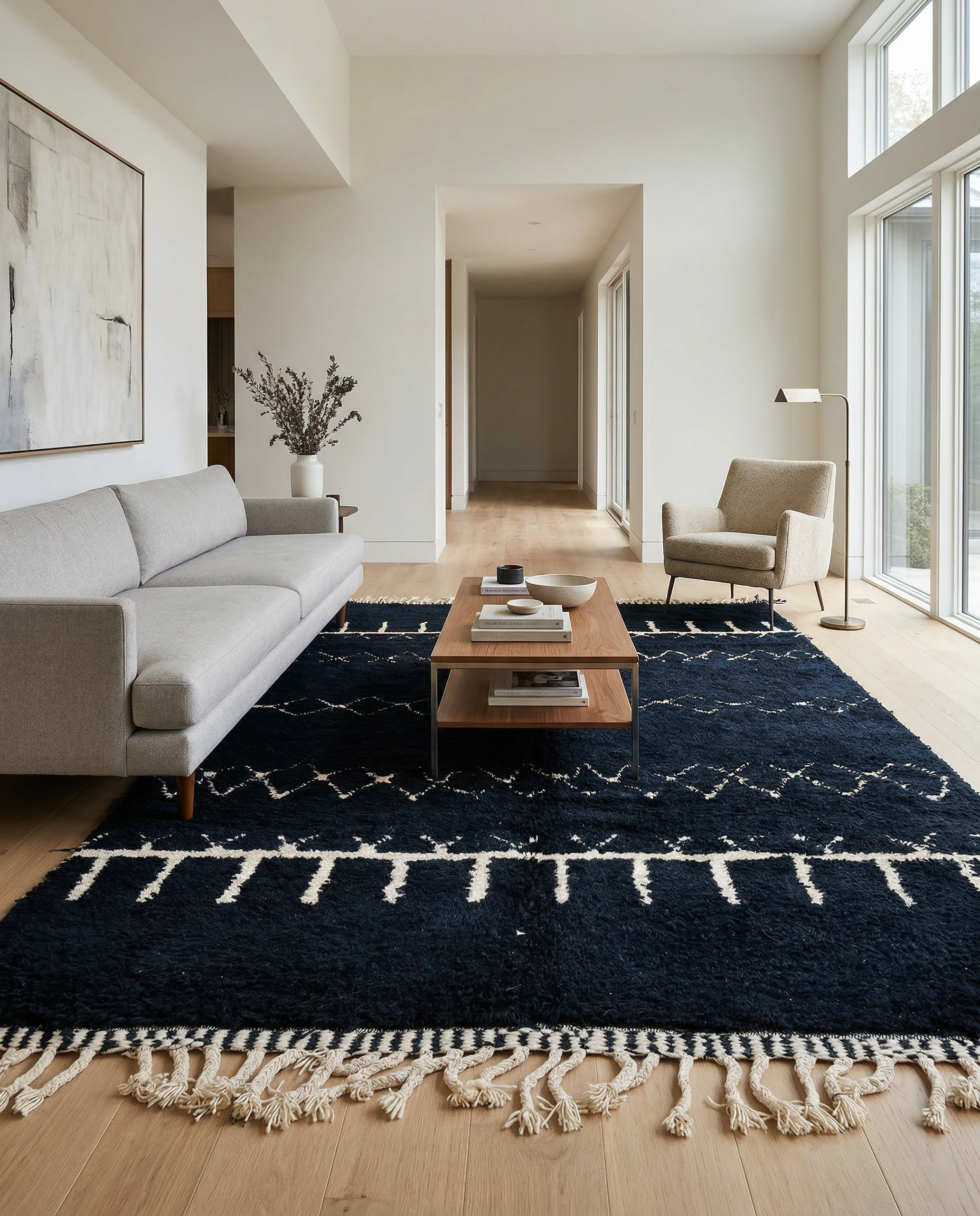 Black and white geometric Moroccan rug displayed in a bright setting with a blue window shutter and potted plant, by NURA.