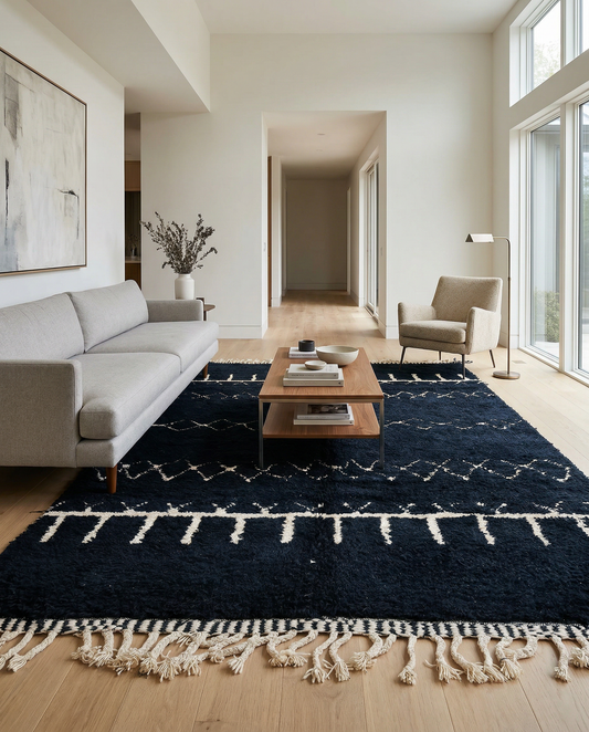 Black and white geometric Moroccan rug displayed in a bright setting with a blue window shutter and potted plant, by NURA.