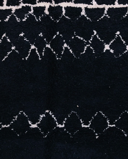 ZOHRA Beni Ourain black horizontal geometric bands Moroccan rug close-up showing hand-knotted wool texture and pile detail 1, by NURA