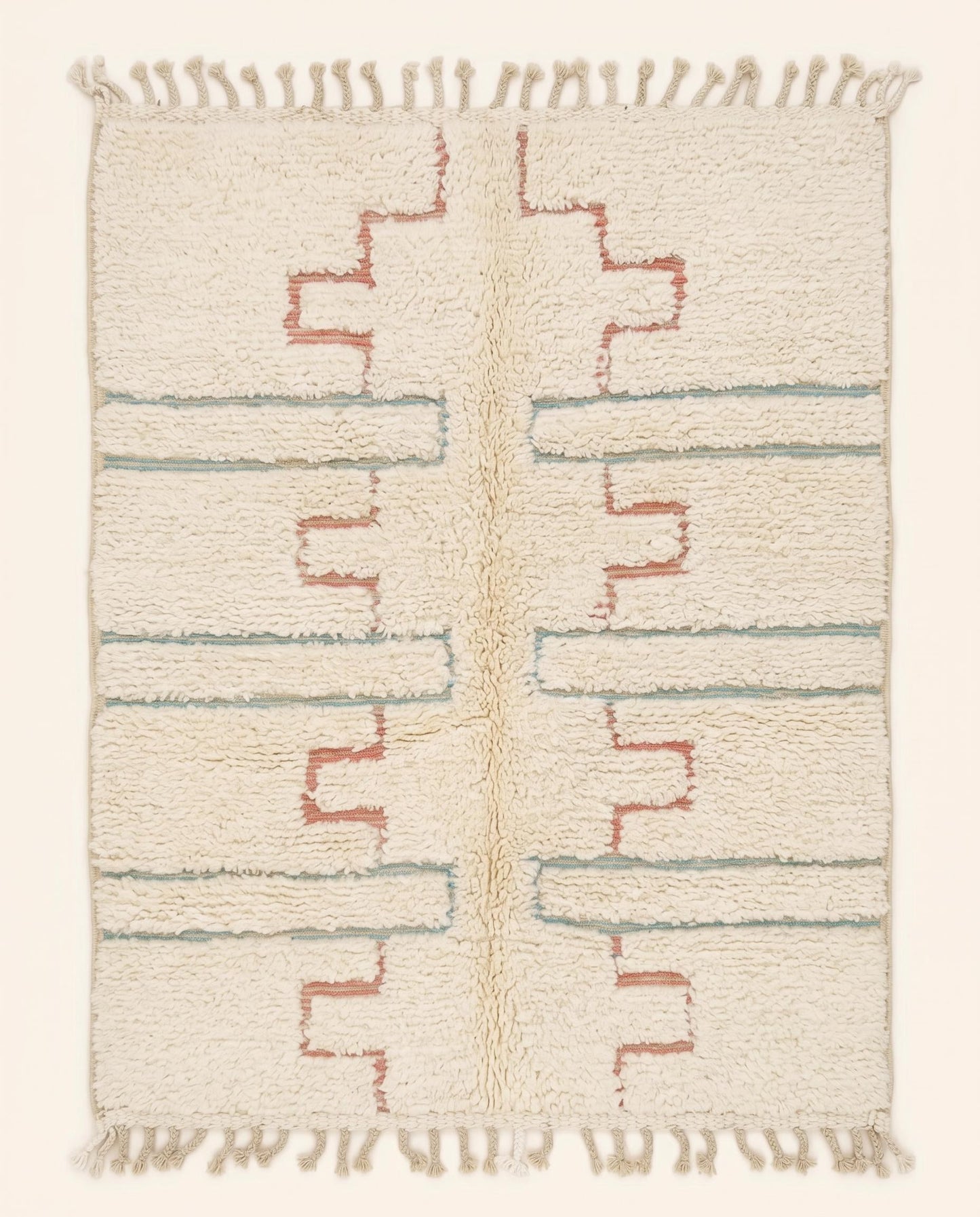 Plush cream Beni Ourain Moroccan rug featuring stepped blush motifs and delicate powder blue bands by NURA.