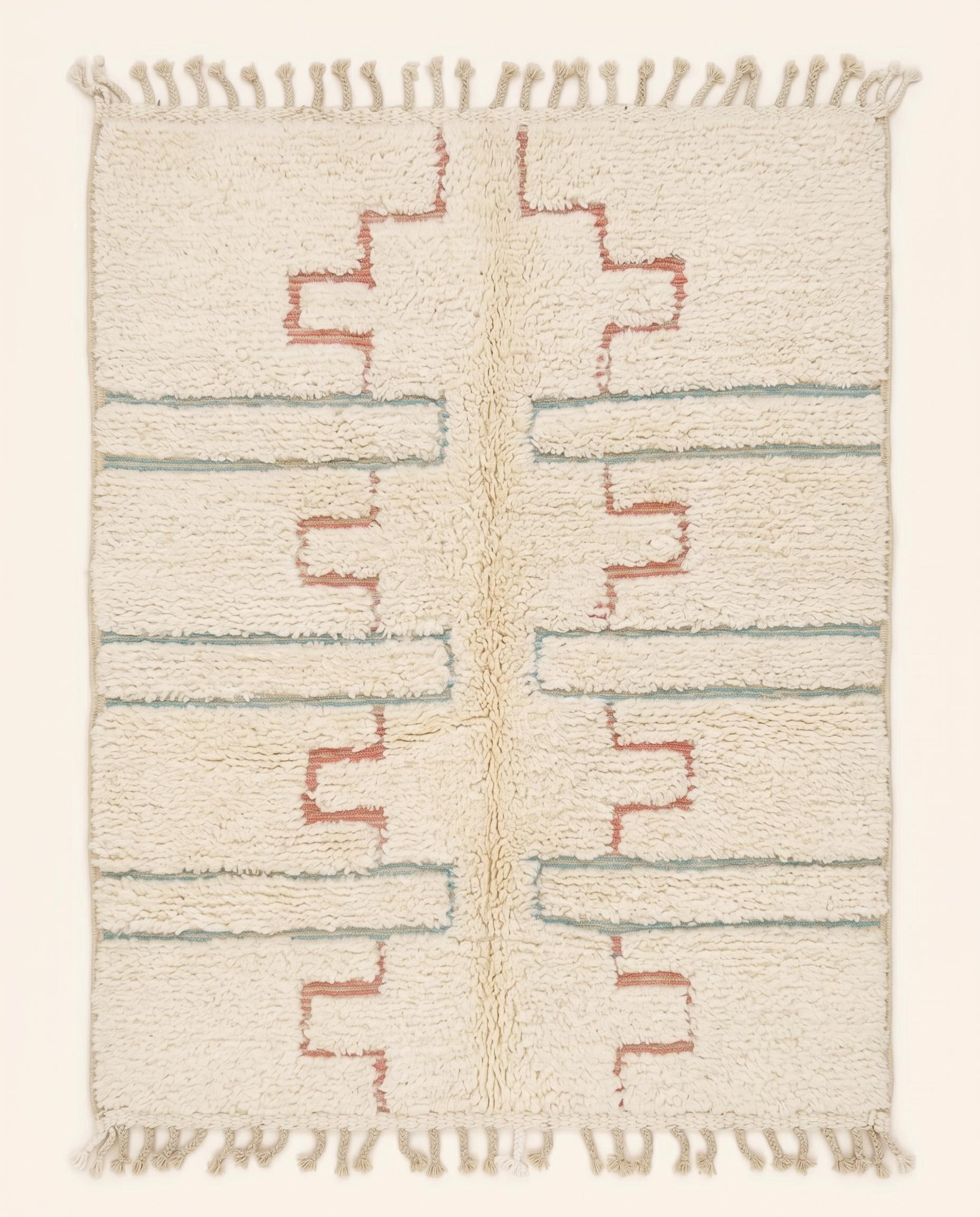 Plush cream Beni Ourain Moroccan rug featuring stepped blush motifs and delicate powder blue bands by NURA.