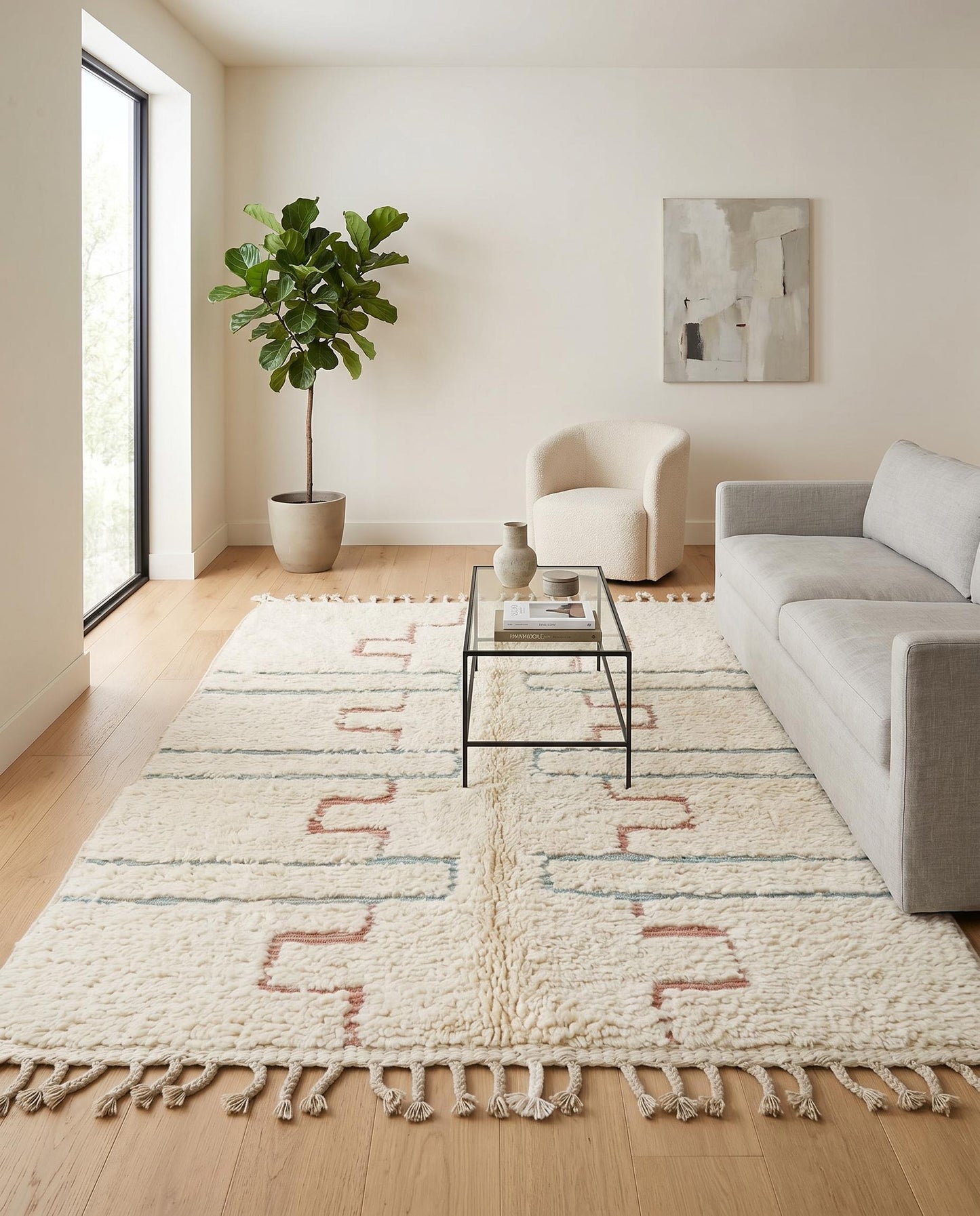 Plush cream Beni Ourain Moroccan rug with blush and blue geometric motifs styled in a bright, modern living room by NURA.