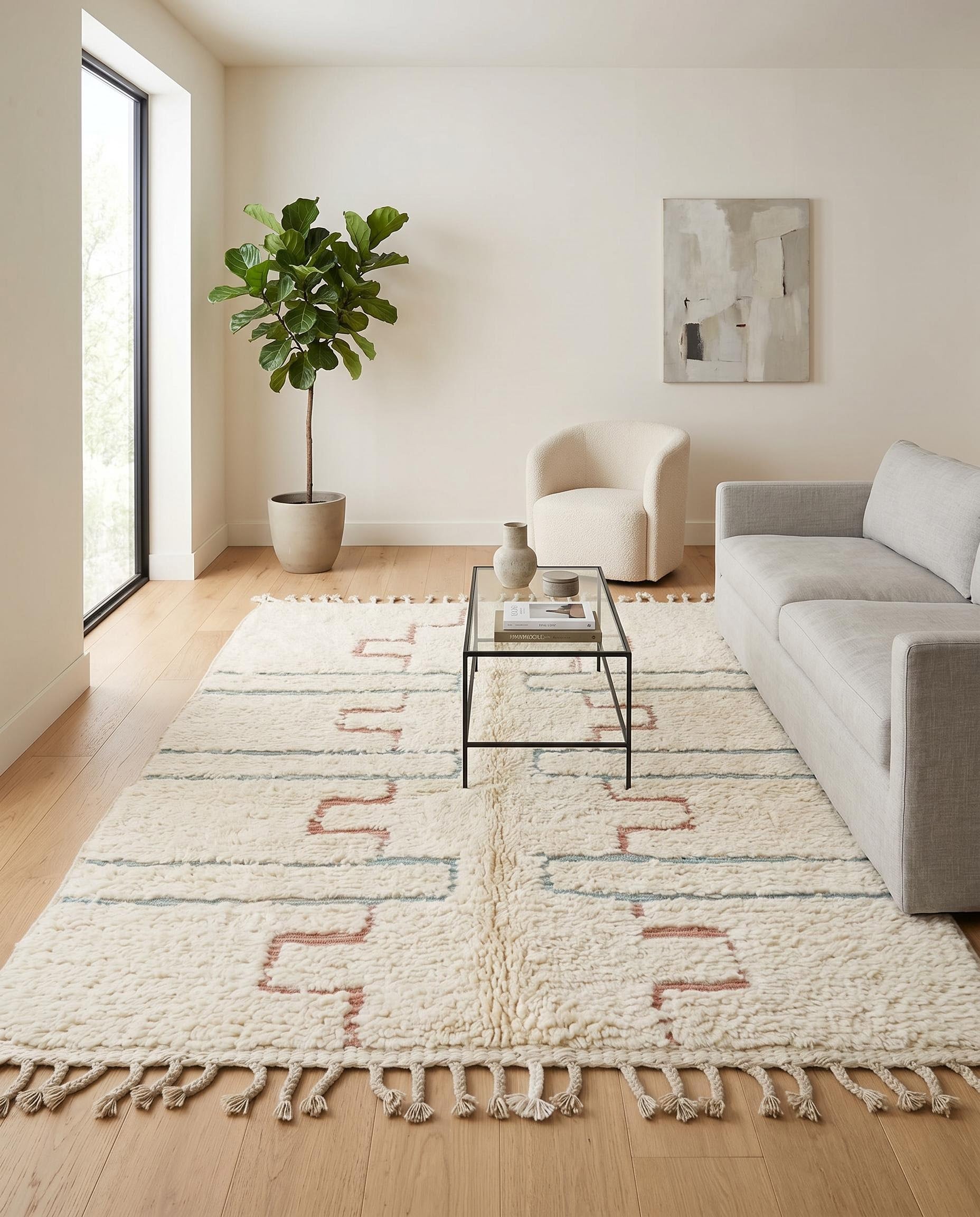 Plush cream Beni Ourain Moroccan rug with blush and blue geometric motifs styled in a bright, modern living room by NURA.