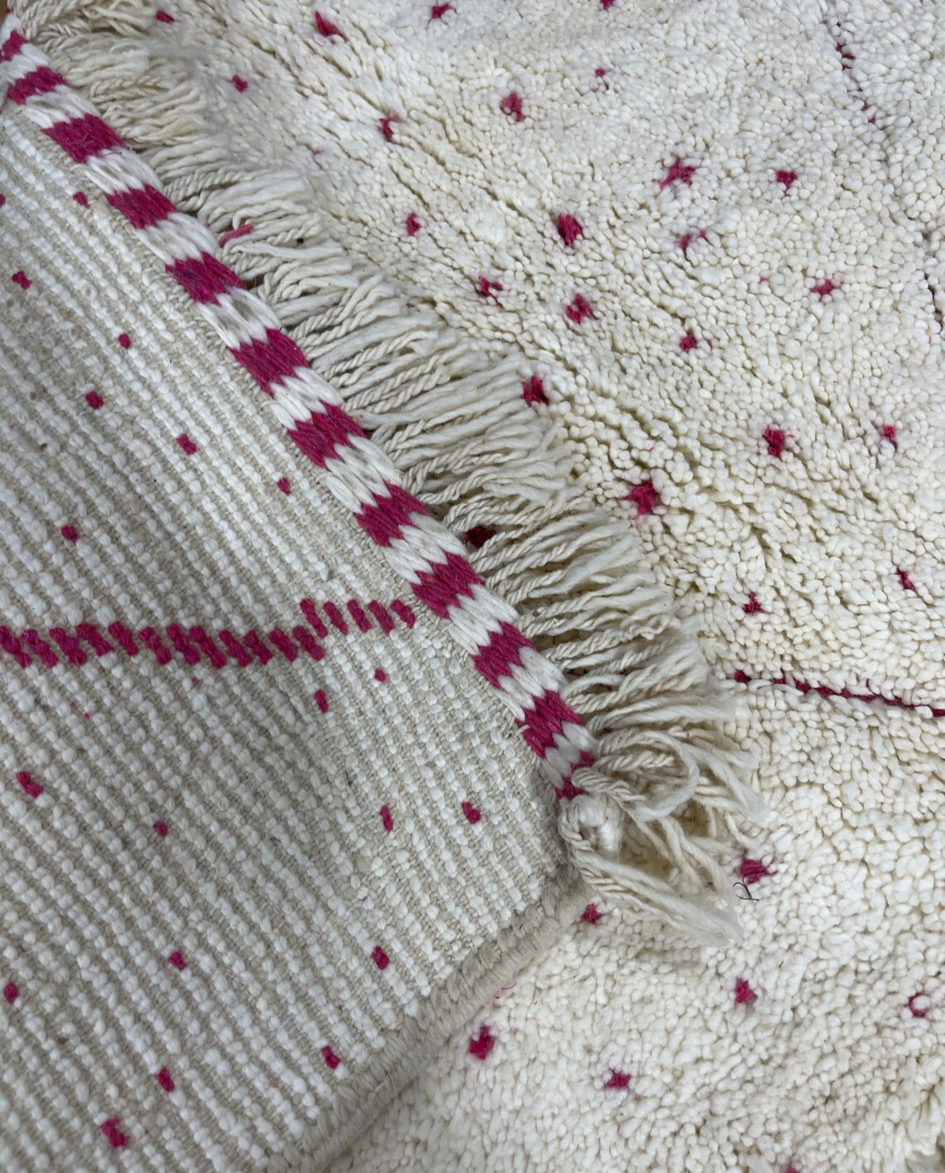 ZULEIKHA Beni Ourain cream dotted diamond lattice Moroccan rug back view showing traditional handwoven construction, by NURA